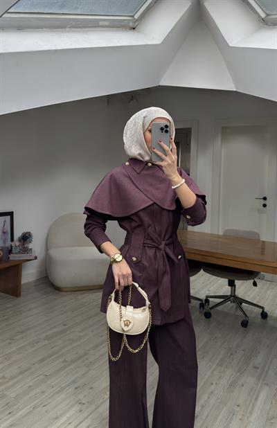 Yeni Sezon Pelerinli Denim Tasarım Takım Bordo ÖN SİPARİŞ
