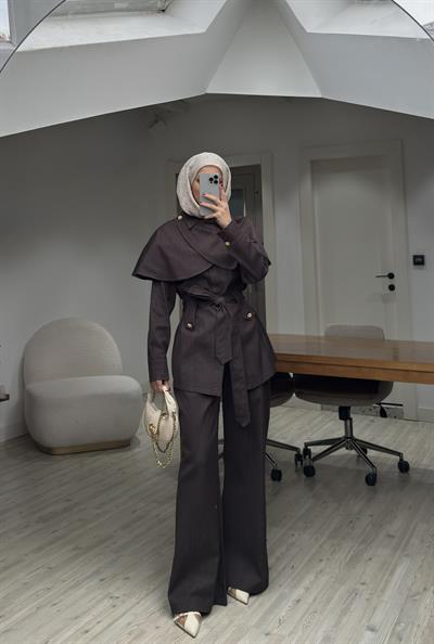 Yeni Sezon Pelerinli Denim Tasarım Takım Kahverengi ÖN SİPARİŞ