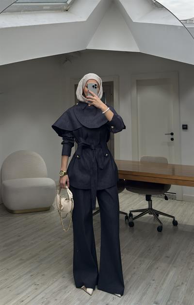 Yeni Sezon Pelerinli Denim Tasarım Takım Lacivert 