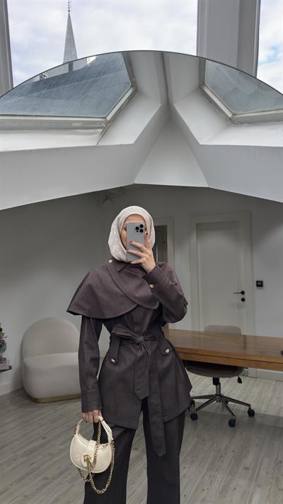 Yeni Sezon Pelerinli Denim Tasarım Takım Kahverengi ÖN SİPARİŞ