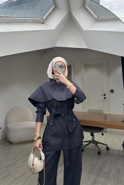 Yeni Sezon Pelerinli Denim Tasarım Takım Lacivert 