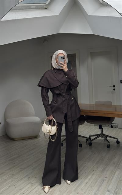 Yeni Sezon Pelerinli Denim Tasarım Takım Kahverengi ÖN SİPARİŞ