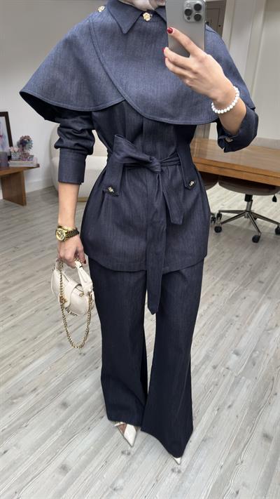 Yeni Sezon Pelerinli Denim Tasarım Takım Lacivert 