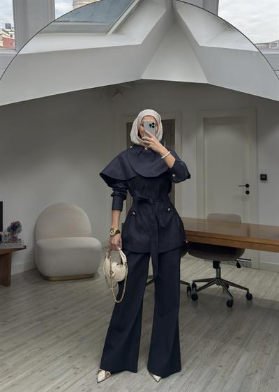 Yeni Sezon Pelerinli Denim Tasarım Takım Lacivert 