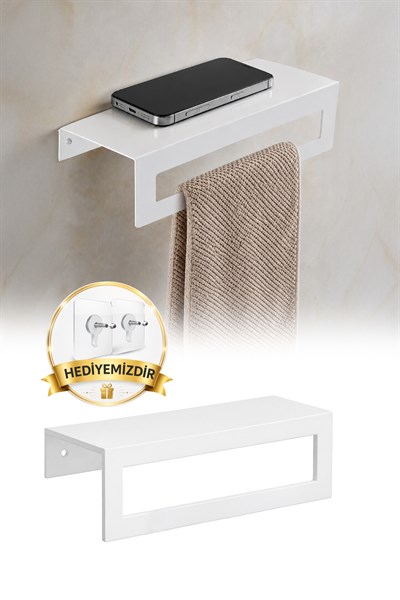 Beyaz Metal Raflı Havlu Askısı Telefon Koyma Duvar Havluluk Banyo Organizer 27 cm