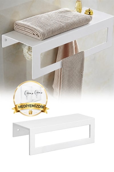 Beyaz Raflı Havlu Askısı Metal Banyo Raflı Havluluk 27 cm Otel Tipi Duvar Havlu Rafı