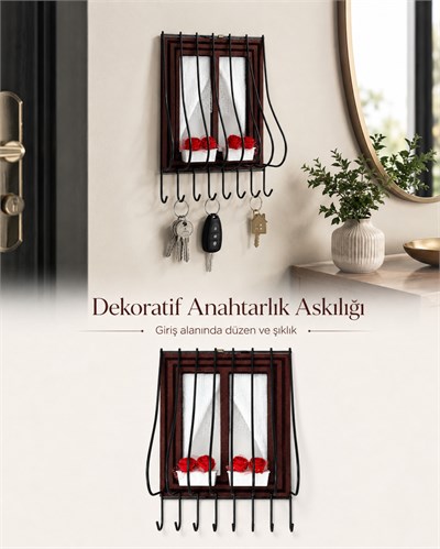 Kahverengi Ahşap Pencere Tasarımlı Duvar Tipi Anahtarlık Anahtar Askılığı Dekoratif Organizer