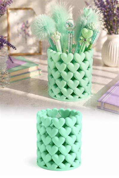 Kalp Figürlü 3D Baskı Masa Üstü Organizer Kalemlik Makyaj Fırçası Tutucu Dekoratif Masa Üstü  Stand