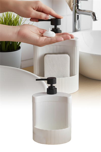 Oval Sıvı Sabunluk Sünger Hazneli Pompalı Mutfak Banyo Organizer Şık Tasarım
