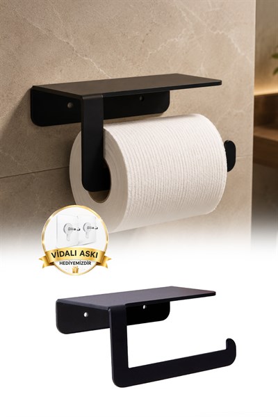 Siyah Metal Raflı WC Kağıtlığı Telefon Koymalı Tuvalet Kağıdı Askısı Hediyelik 15 cm