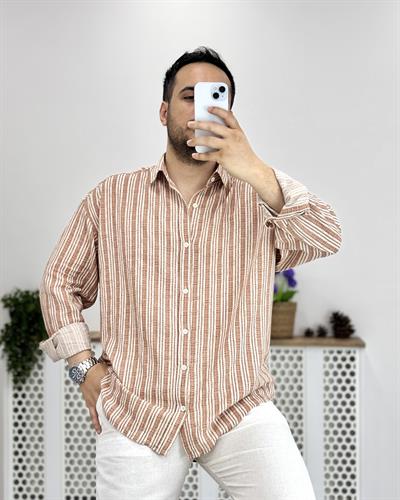 Bej Turuncu Çizgili Oversize Pamuk Gömlek G0029