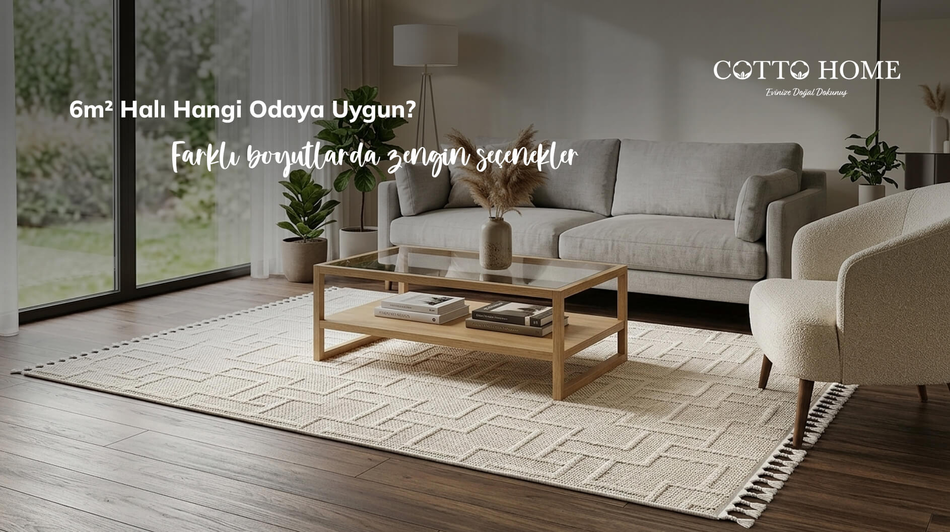 Geniş salonda koltuk takımını içine alan 6 metrekare halı yerleşimi