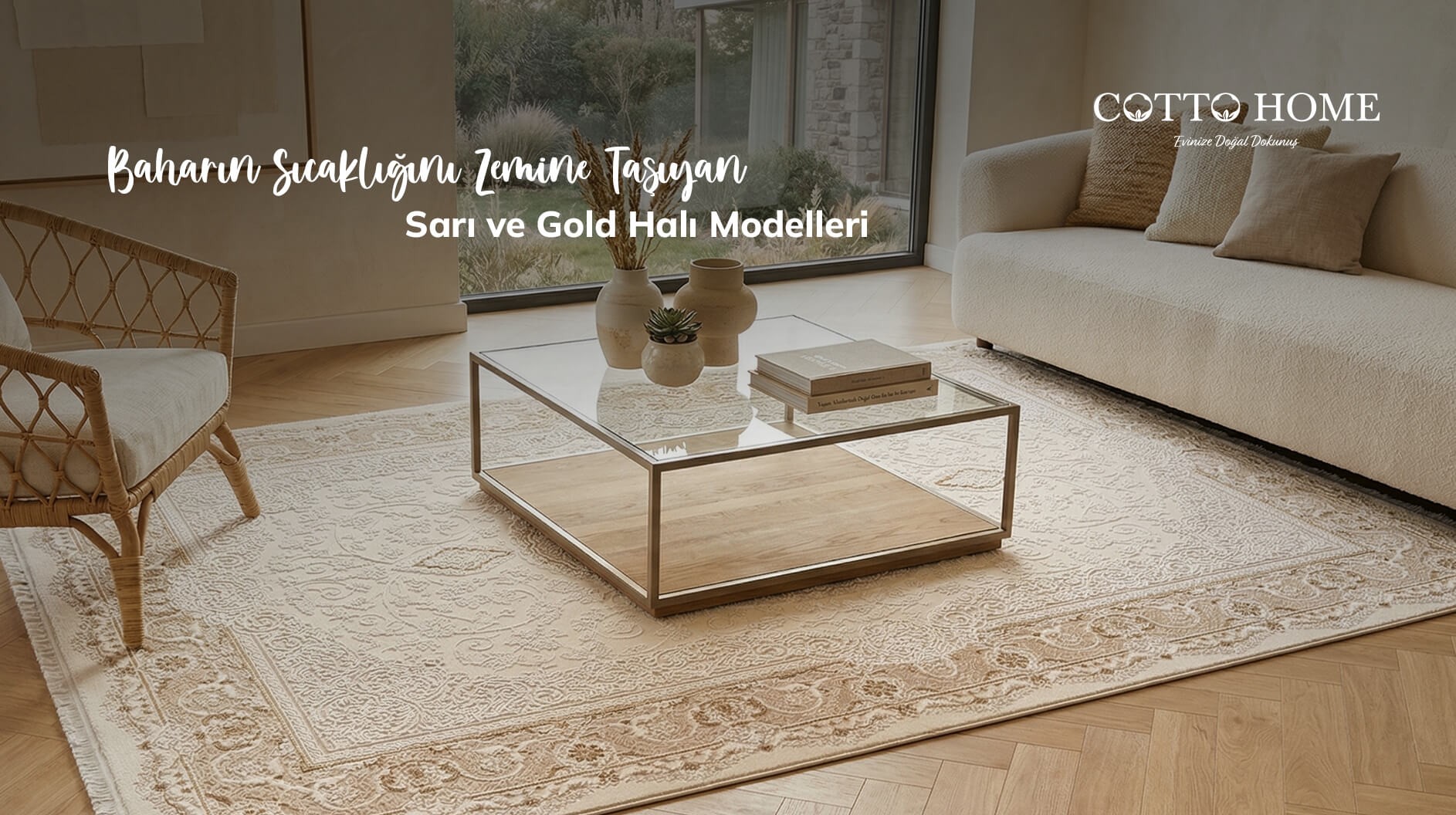 Bahar temalı bir oturma odasında güneş ışığını yansıtan modern sarı halı.