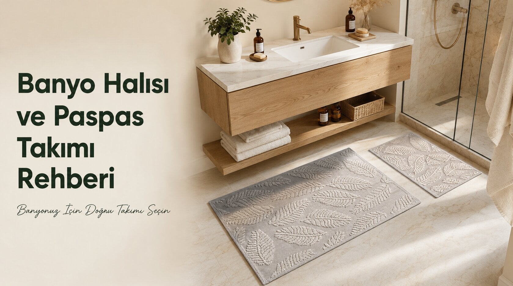Modern seramik zeminle uyum sağlayan ve mekana sıcaklık katan nötr tonlu banyo halısı yerleşimi.