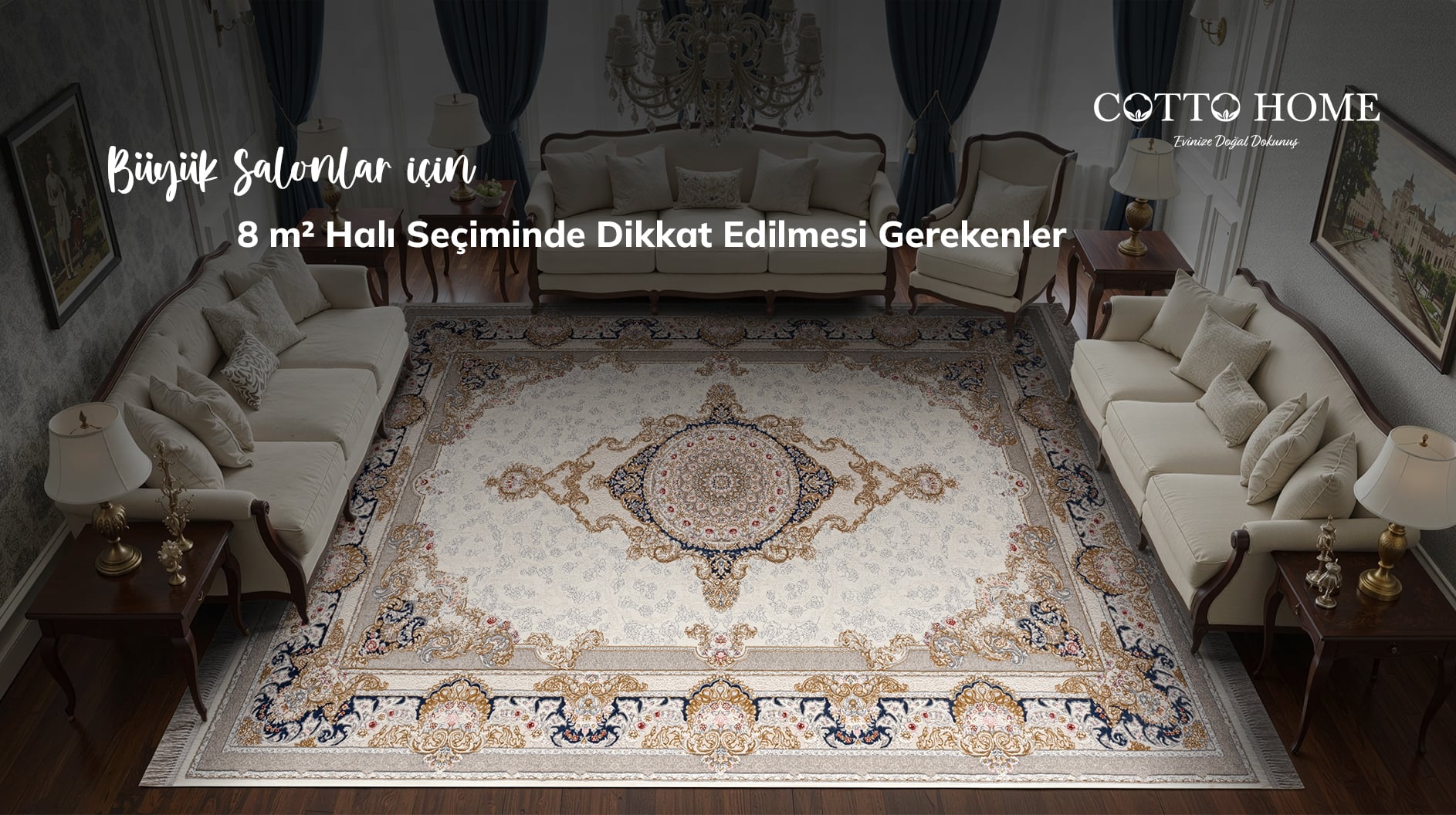 Geniş salon dekorasyonunda konumlandırılmış 8 metrekare kaymaz taban halı modeli.