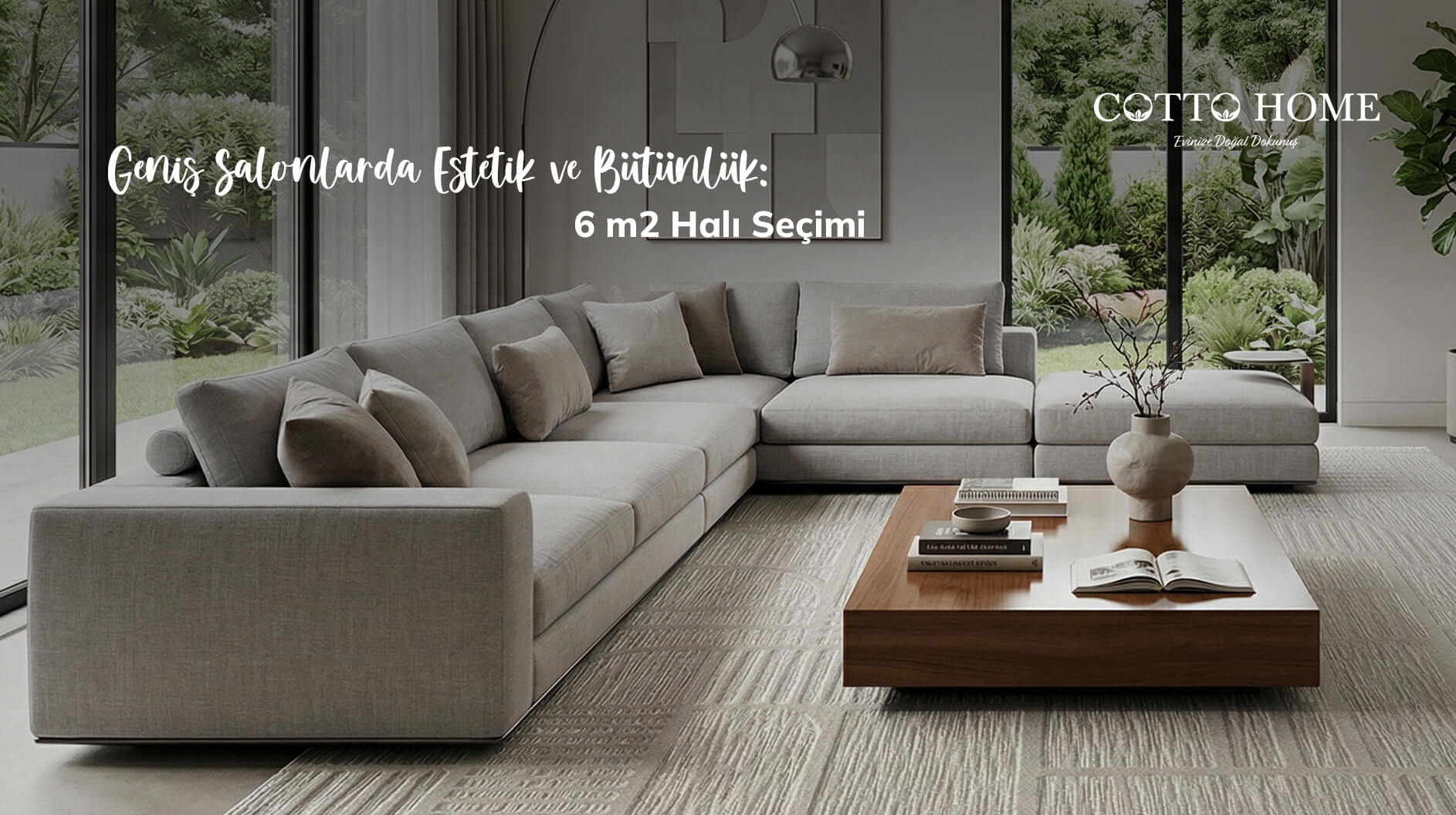 Geniş bir salon dekorasyonunda mobilyaları bir araya getiren 6 m2 halı yerleşimi.