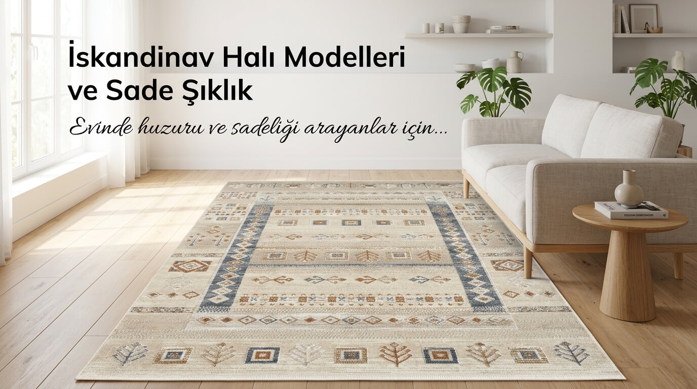 Nordic halı tasarımları ile dekore edilmiş minimalist salonda sade şıklığı yansıtan zemin yerleşimi.