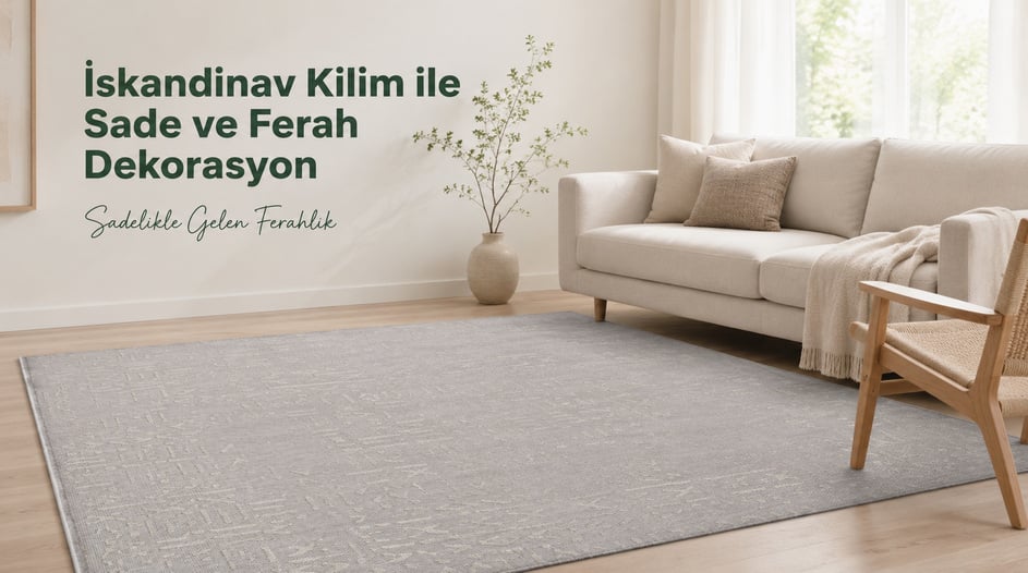 Modern ve ahşap mobilyalarla dekore edilmiş aydınlık bir salonda sade şıklığı yansıtan iskandinav kilim yerleşimi.