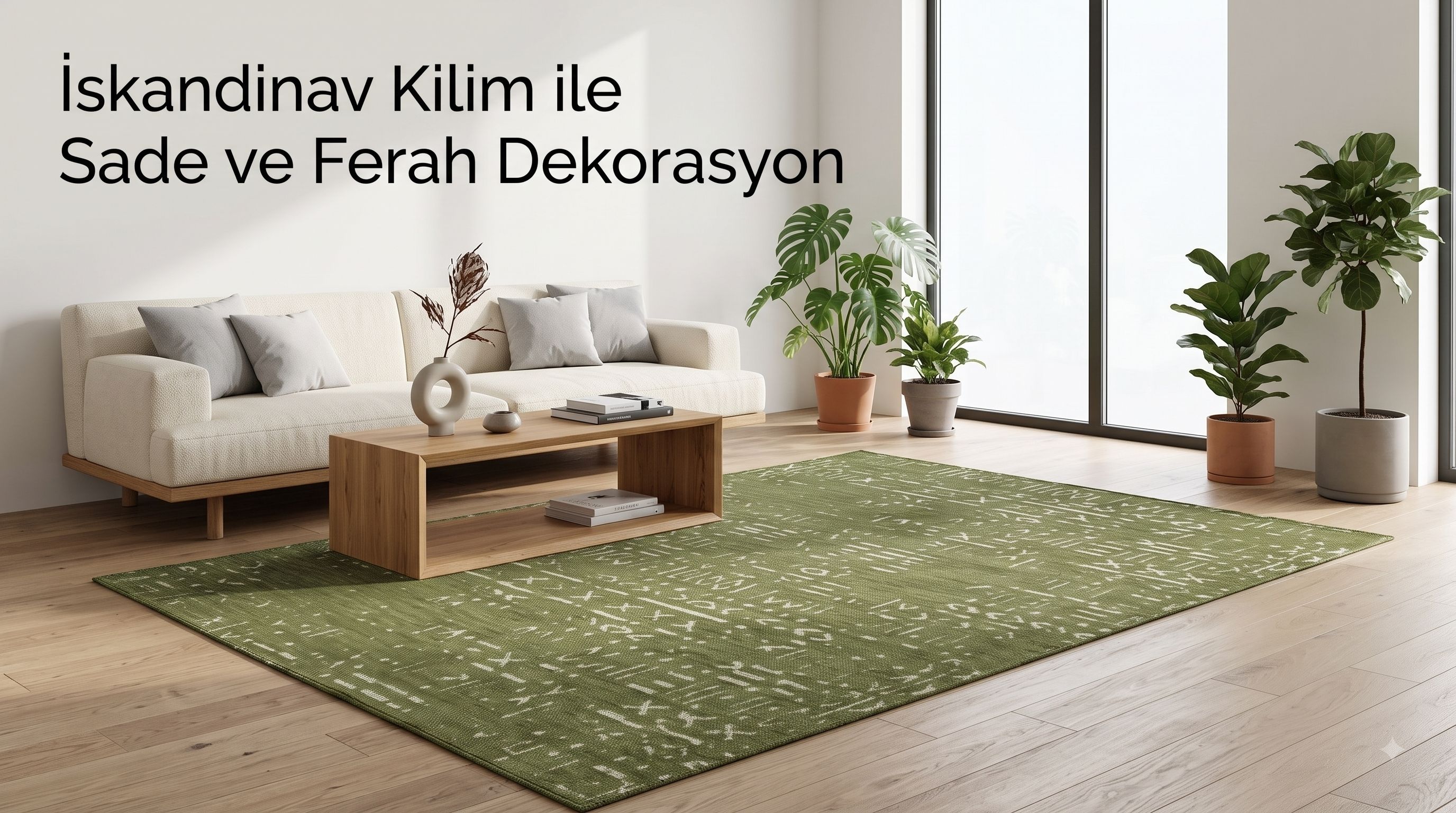 İskandinav tarz bir salonda kullanılan minimal desenli kilim