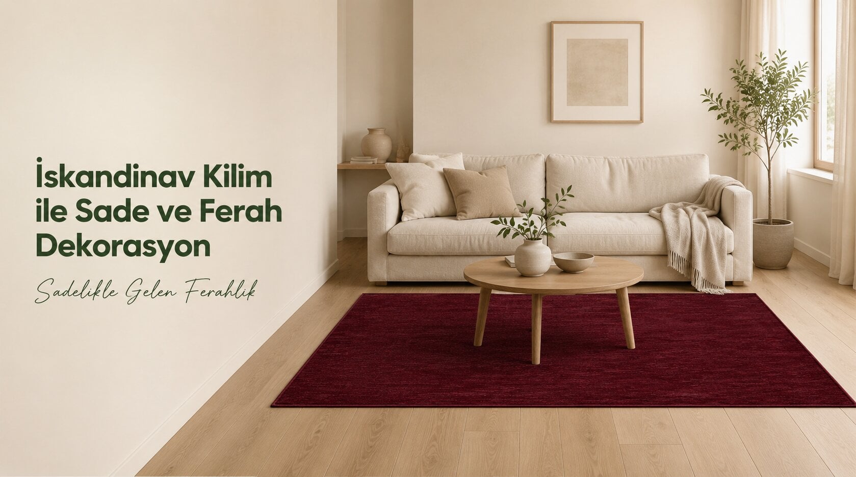 Modern ve doğal ahşap mobilyalarla dekore edilmiş aydınlık bir salonda sade şıklığı yansıtan iskandinav kilim yerleşimi.