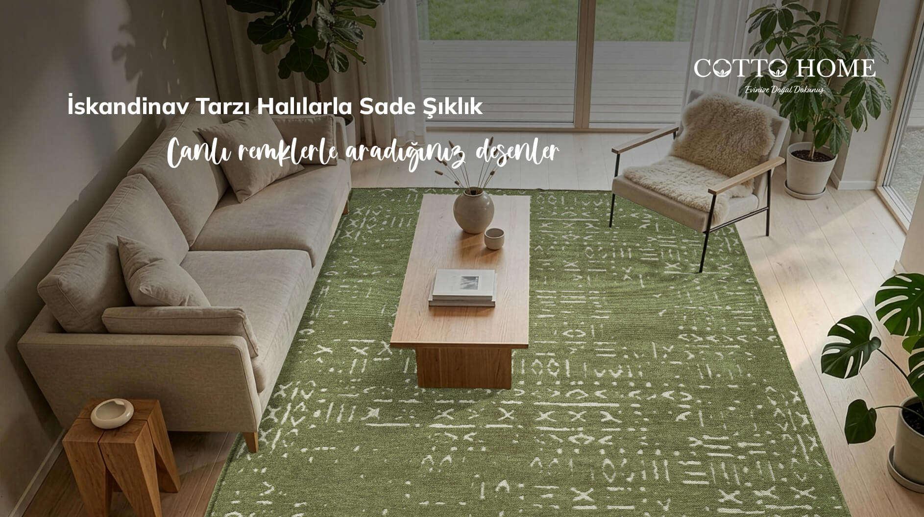 Aydınlık salonda nötr tonlu minimalist İskandinav halı yerleşimi
