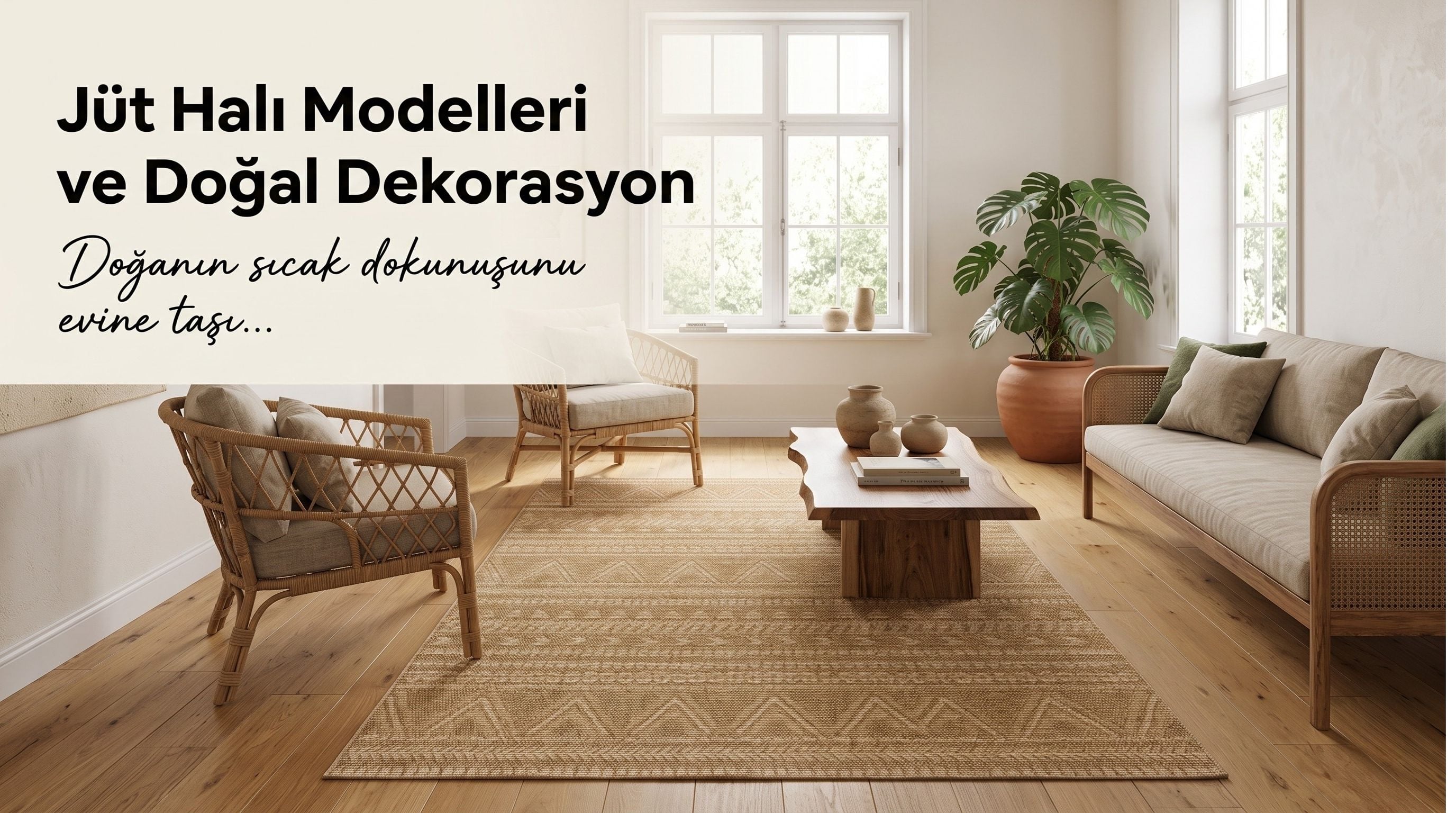 Bohem tarzda dekore edilmiş bir salonda ahşap mobilyalarla uyumlu jüt halı modeli
