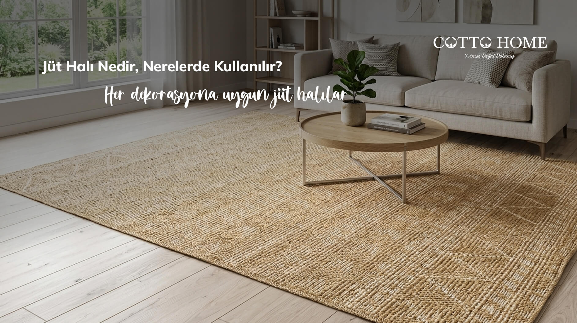 Bohem tarzda dekore edilmiş salonda doğal jüt halı yerleşimi
