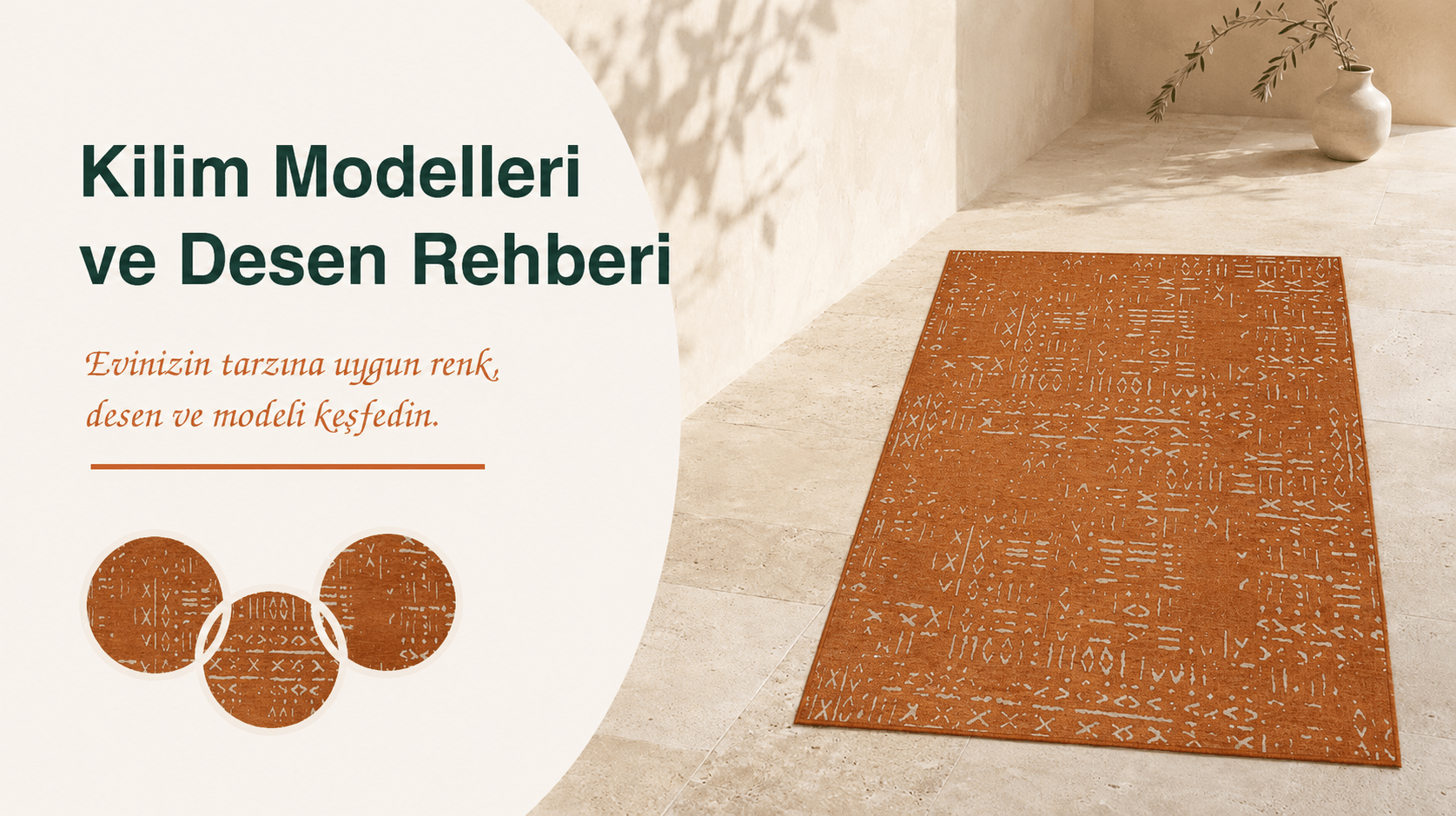 Geleneksel Anadolu motifleriyle dokunmuş renkli kilim modelinin salon zemininde yerleşimi
