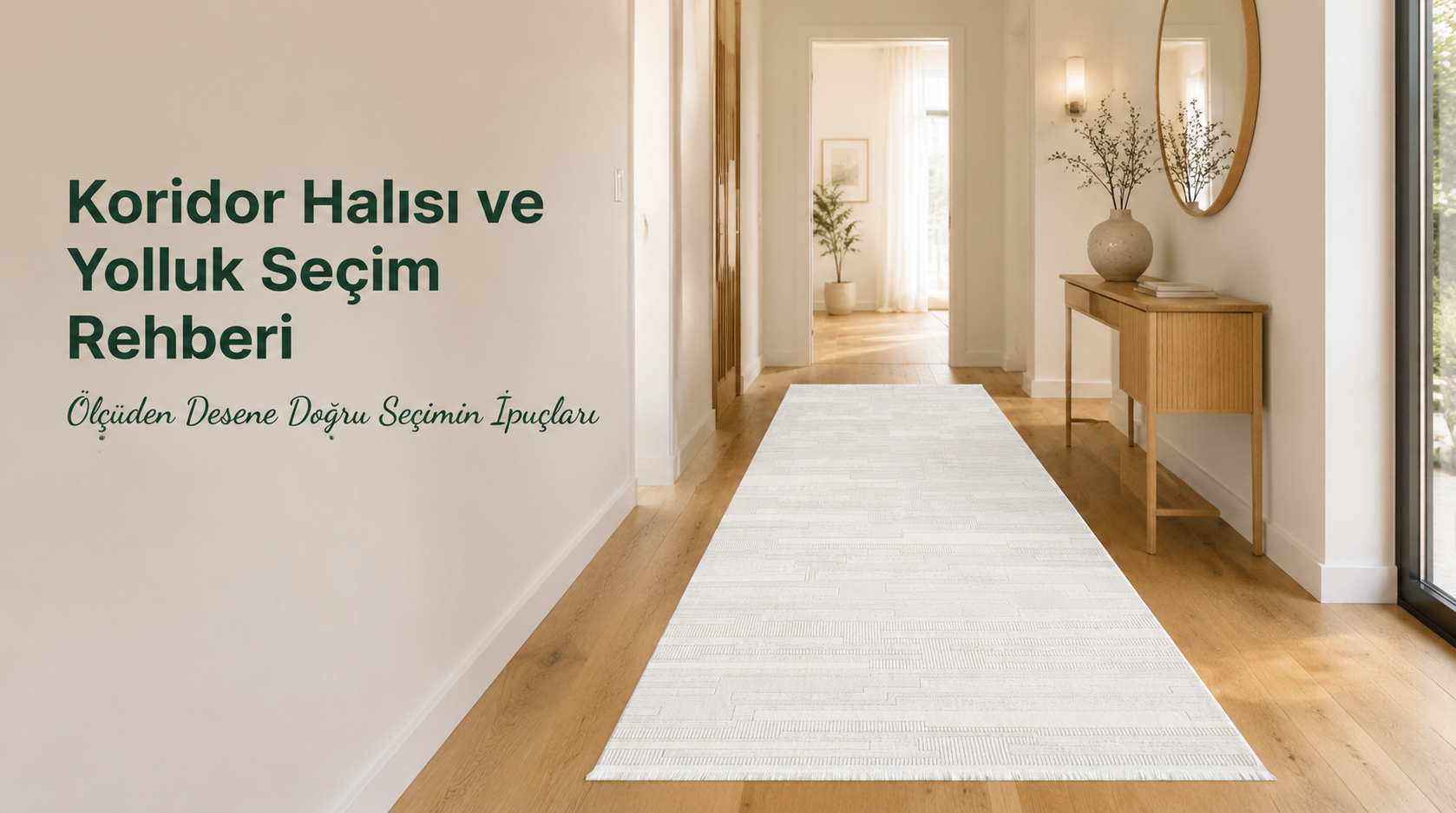 Modern aydınlatmalarla desteklenmiş uzun bir koridorda optik genişlik sağlayan zarif koridor halıları yerleşimi.