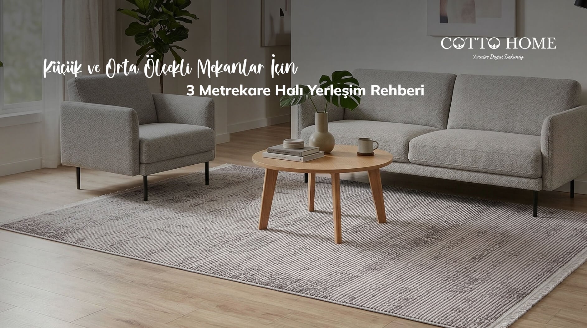 Orta ölçekli bir salon dekorasyonunda koltuk takımıyla hizalanmış modern 3 m2 halı.