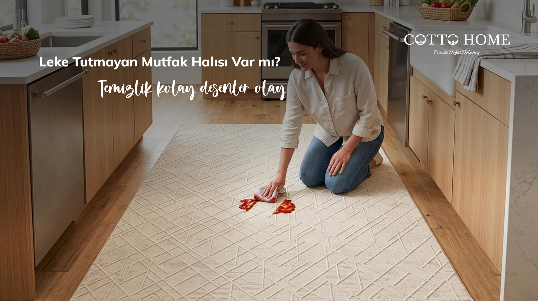 Mutfakta tezgah önüne serilmiş leke tutmayan desenli halı