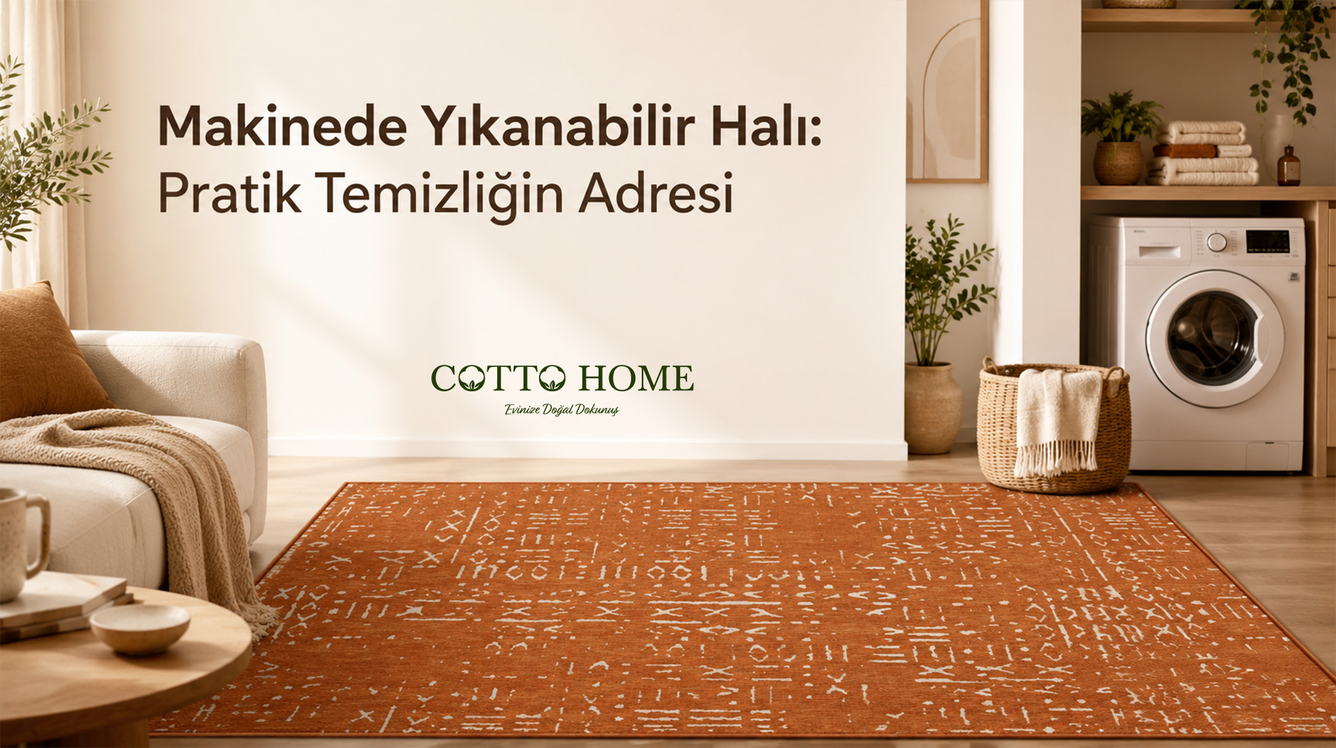 Makinede yıkanabilir halının rulo yapılarak çamaşır makinesine yerleştirildiği kullanım anı.