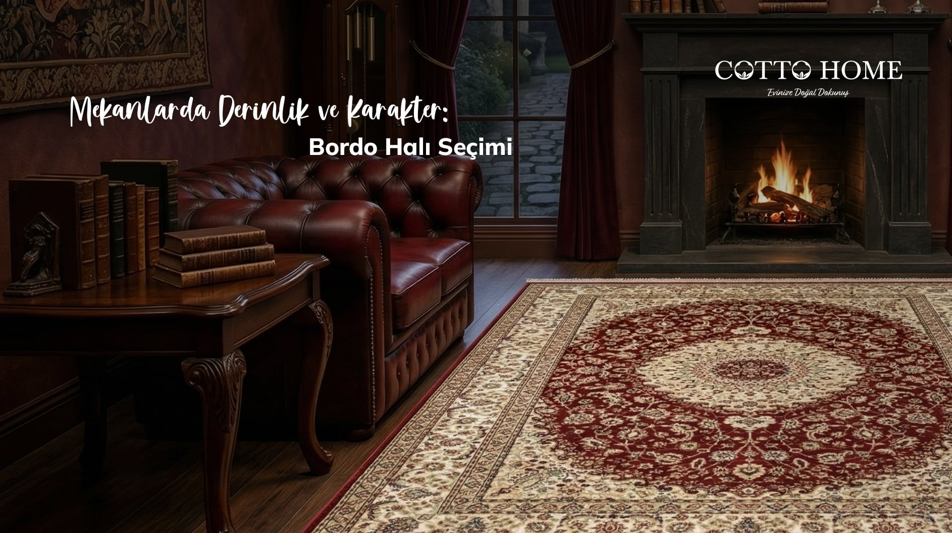 Modern bir salon dekorasyonunda asalet ve derinlik katan bordo halı yerleşimi.