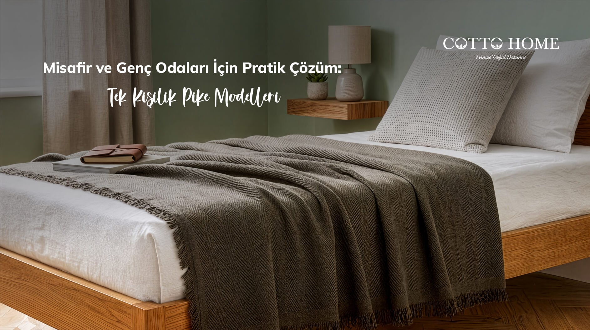 Modern genç odası dekorasyonunda mavi tek kişilik pike takımı kullanımı.
