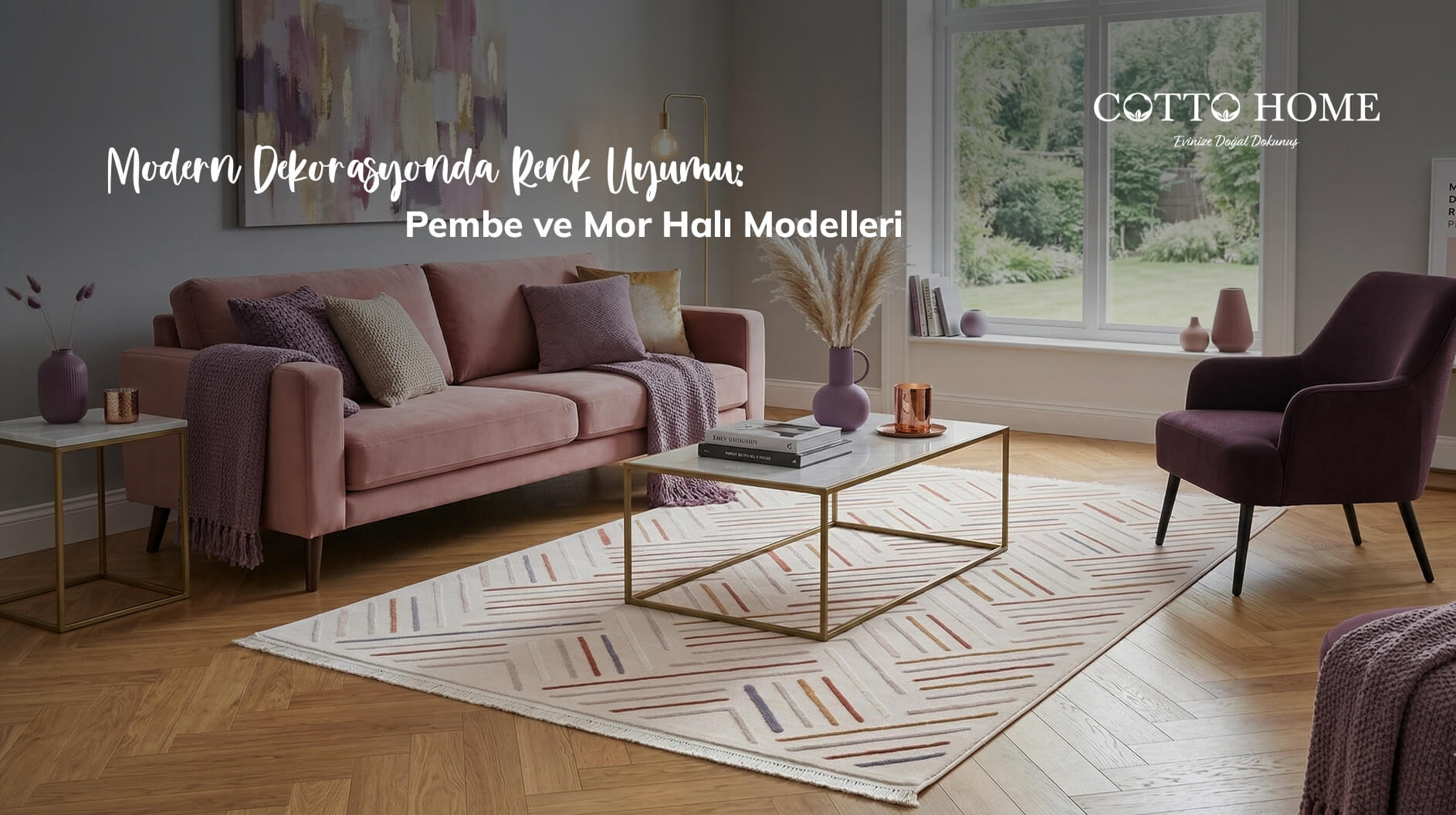 Pastel tonlarda mobilyalarla kombinlenmiş modern bir pembe halı yerleşimi.