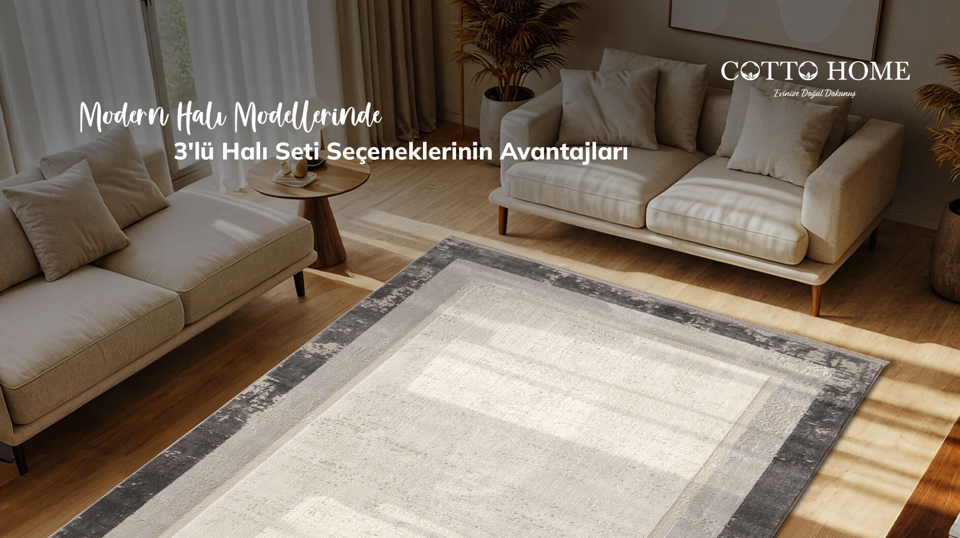 Salon dekorasyonunu tamamlayan gri renkli modern halı tasarımı.