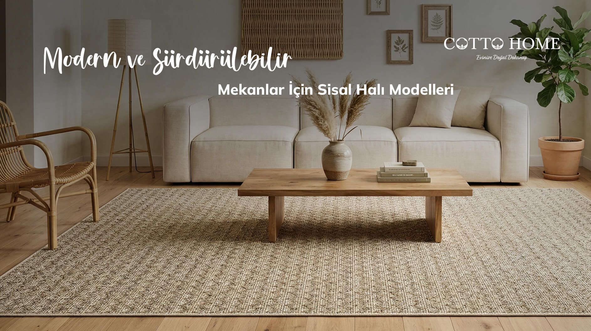 Modern ve sürdürülebilir bir tarzda dekore edilmiş salonda ahşap mobilyalarla uyum sağlayan doğal sisal halı yerleşimi.