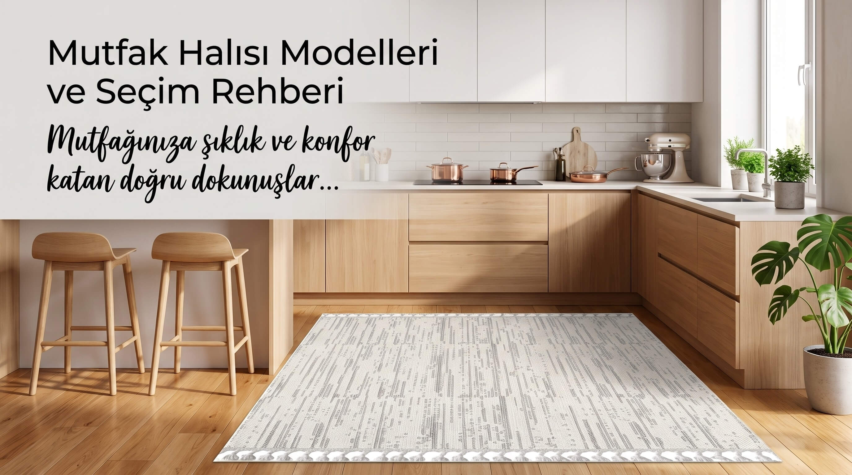Modern bir mutfakta tezgah önüne serilmiş desenli ve kaymaz tabanlı mutfak halısı modeli