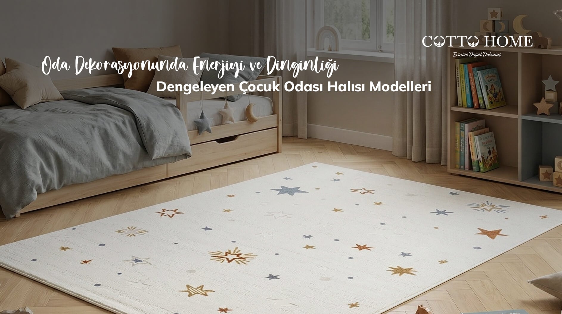 Çocuk odasında oyun ve dinlenme alanını ayıran modern çocuk odası halısı.