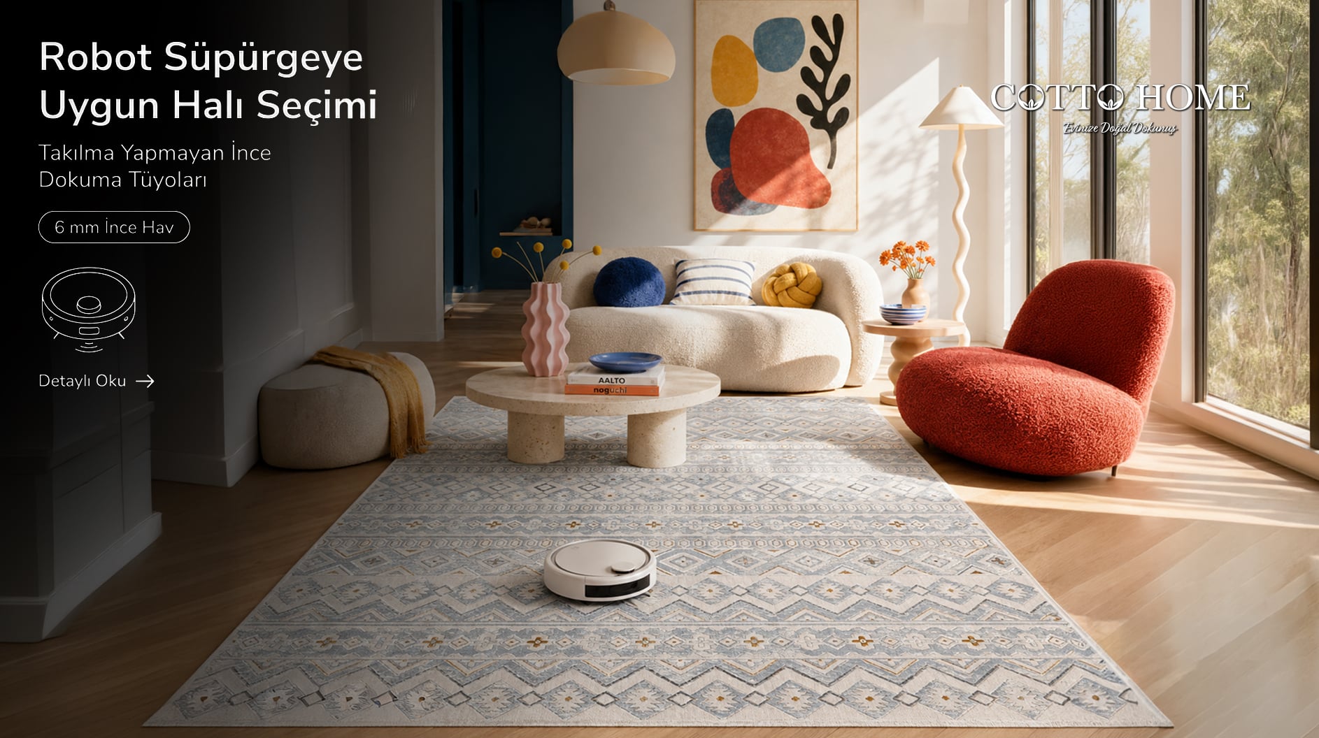 Robot süpürgenin ince havlı halı üzerinde çalışması