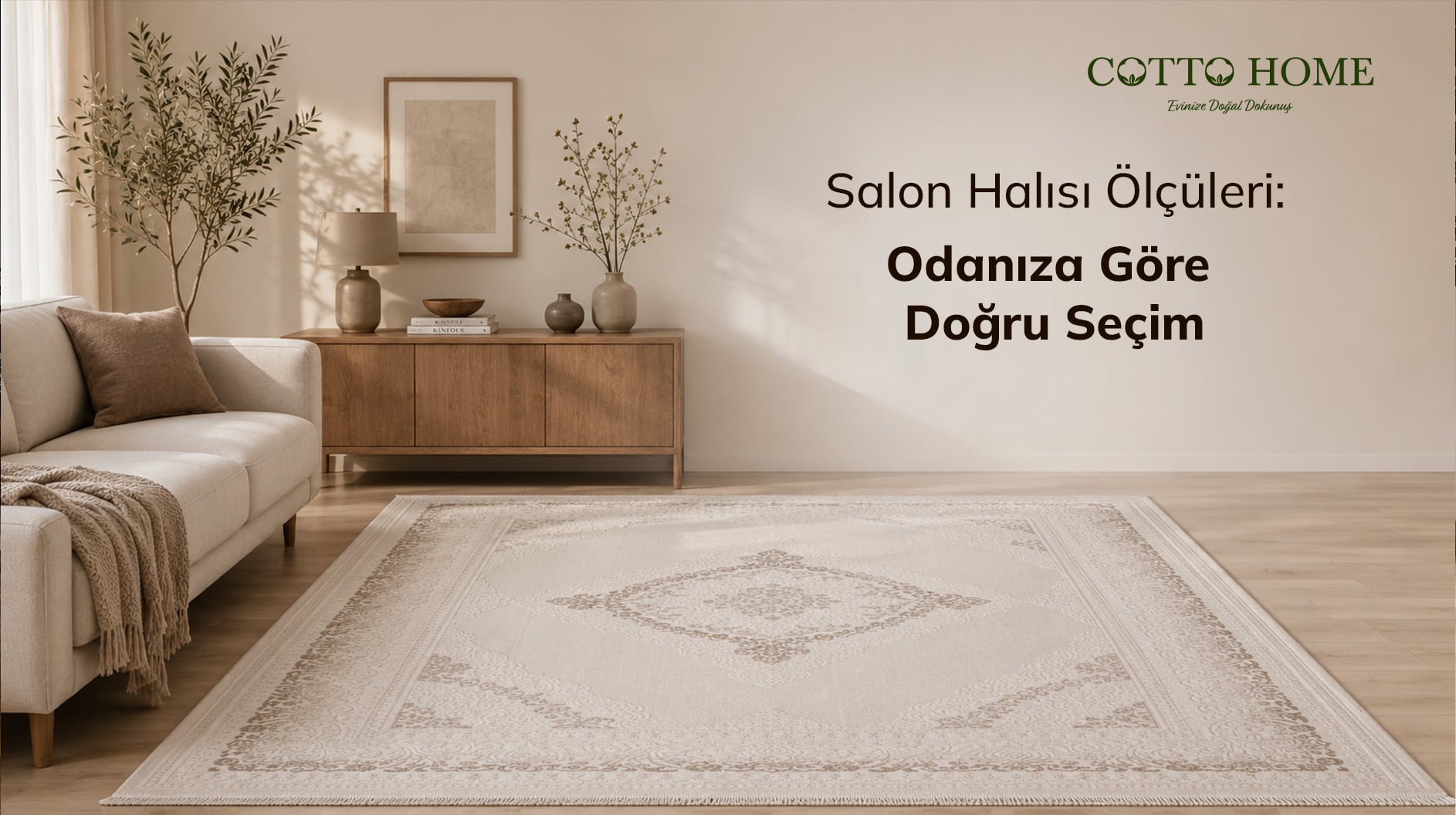 Koltuk ayaklarını içine alacak ölçüde seçilmiş 6 metrekare salon halısıyla düzenlenmiş oturma grubu.