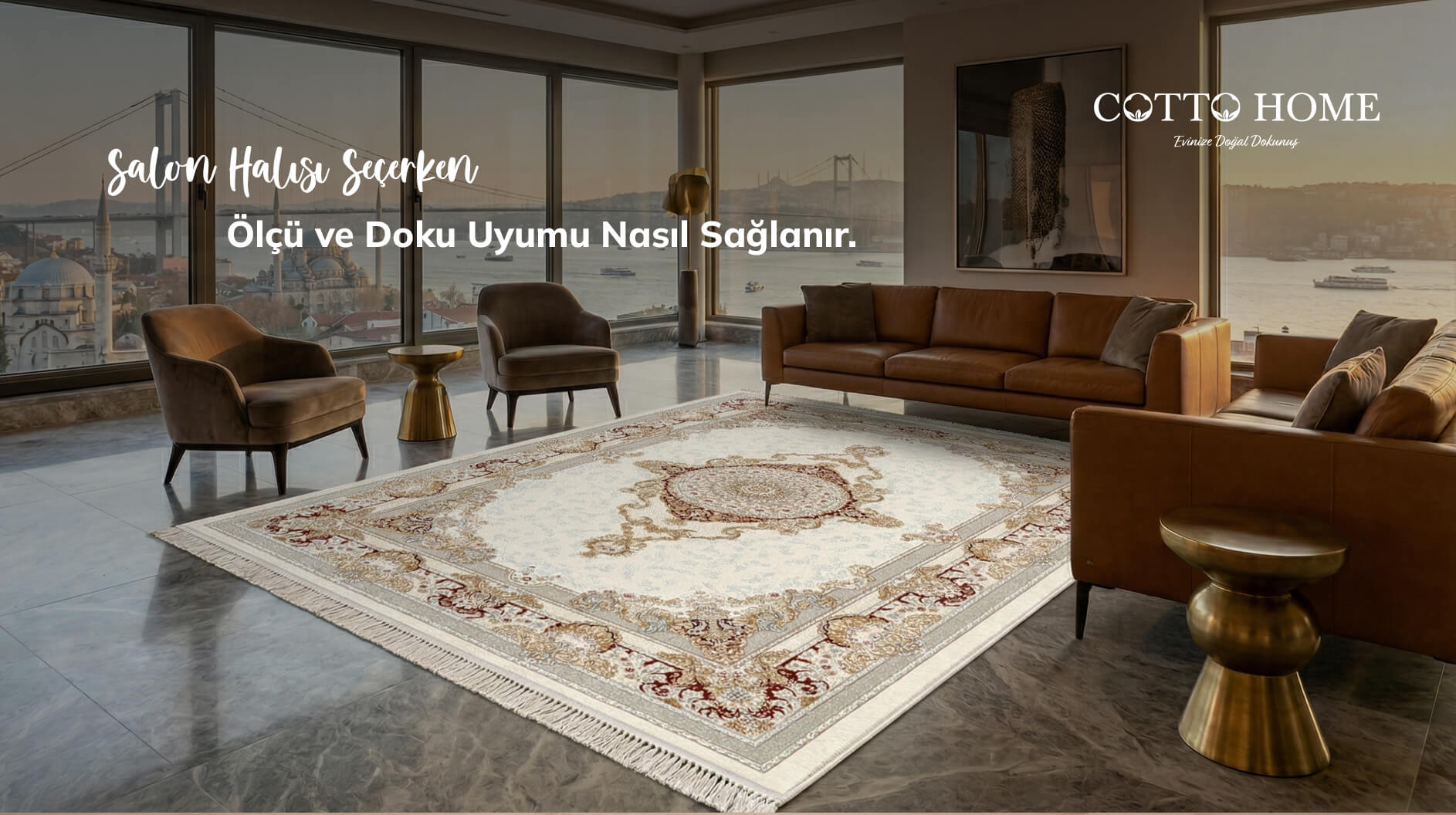 Modern bir oturma odasında 6 metrekare gri salon halısı yerleşimi.