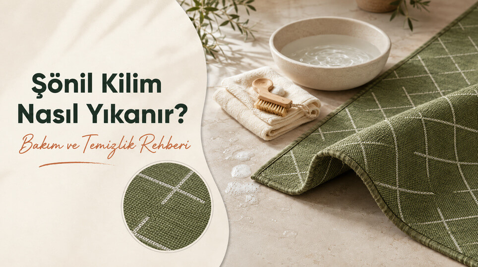 Çamaşır makinesinde hassas programda yıkanan yıkanabilir şönil kilim