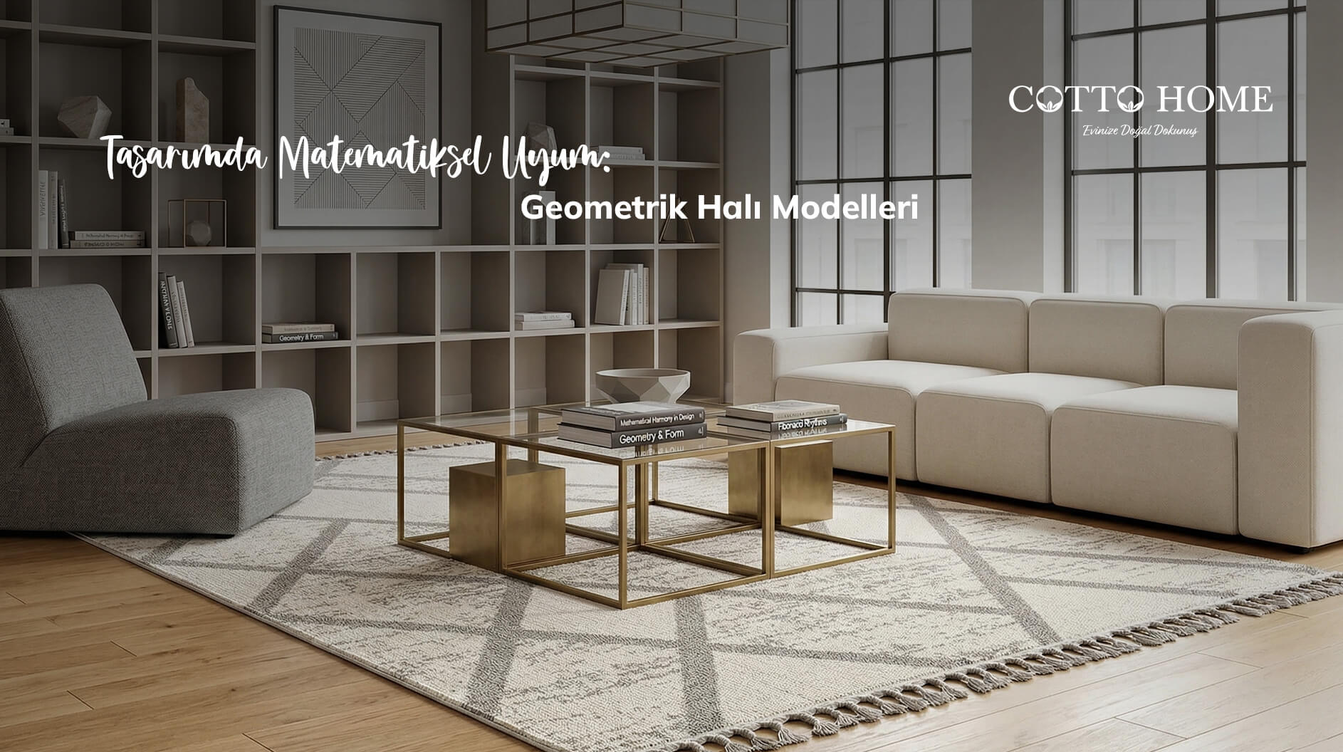 Yaşam alanlarına optik derinlik ve karakter katan nitelikli geometrik desenli halı dokusu.