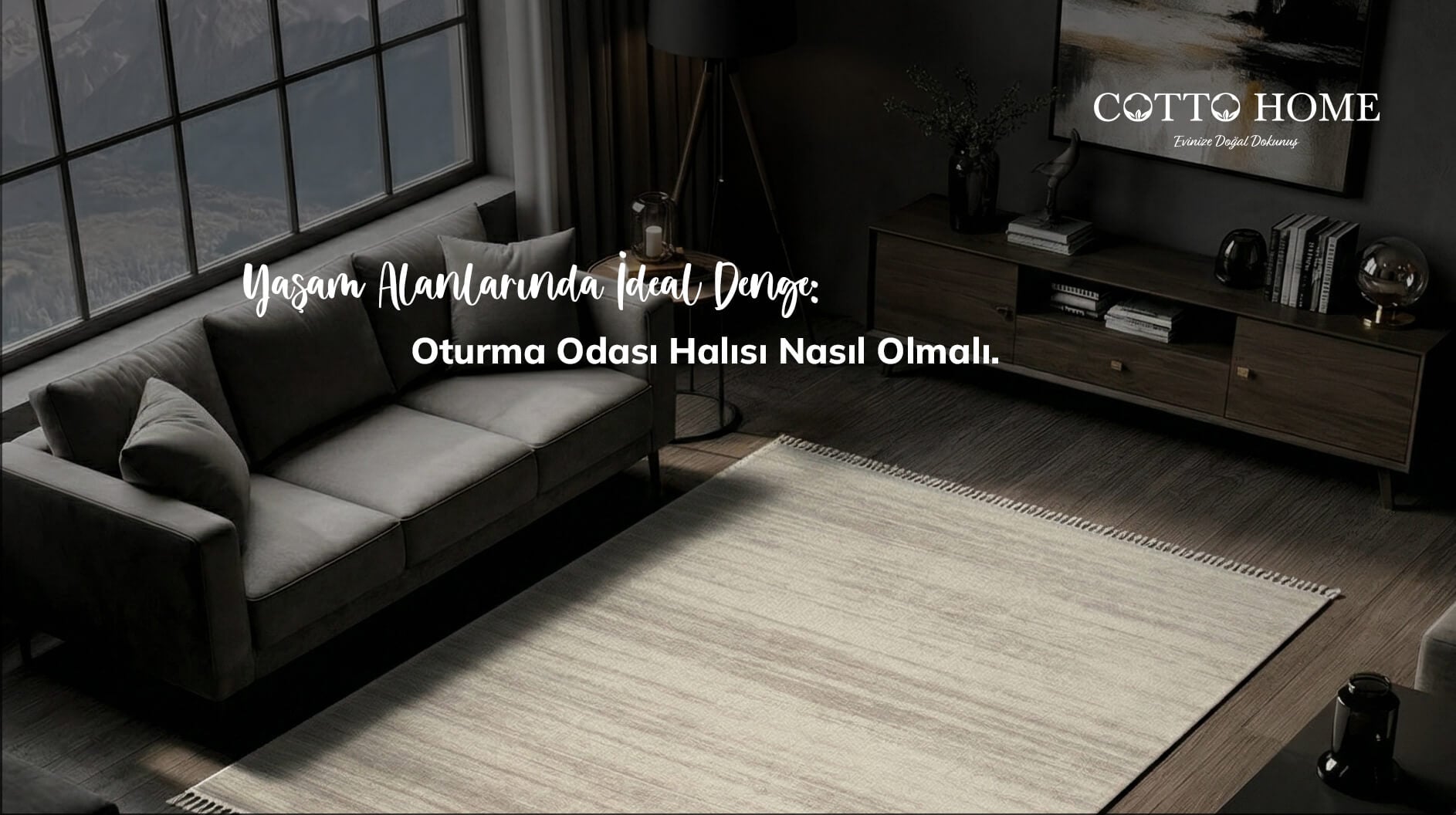 Modern bir oturma odasında konforlu halı yerleşimi.