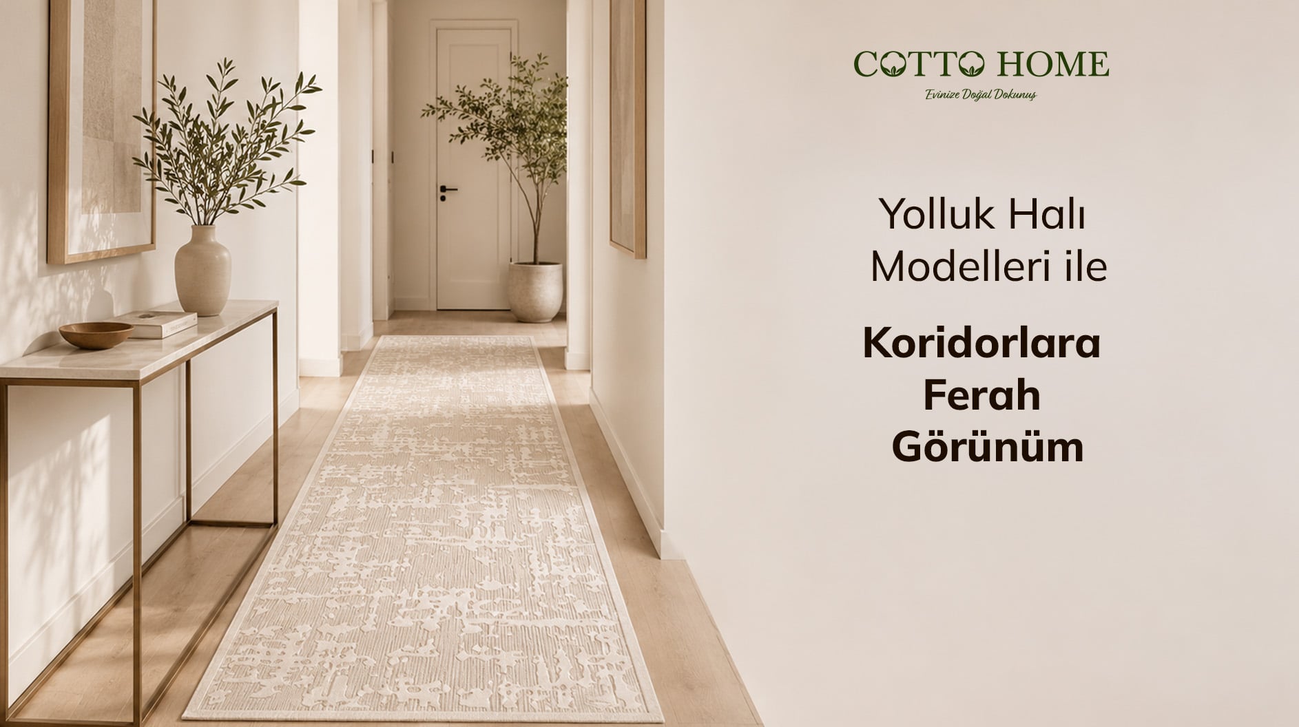 Uzun bir koridorda optik genişlik sağlayan enine desenli yolluk halı modelinin yerleşim görünümü.