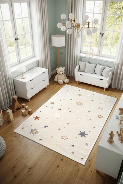 Cotto Kids CK001R Krem Halı Renkli Yıldız Desen Kaymaz Taban