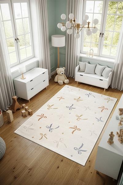 Cotto Kids CK002R Krem Halı Renkli Fiyonk Desen Kaymaz Taban
