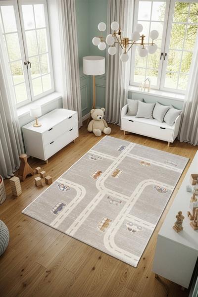 Cotto Kids CK003G Gri Halı Araba Ve Yol Desenli Kaymaz Taban