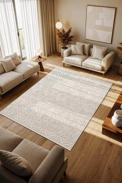 Cotto Motto TT008W Krem Beyaz Halı Geometrik Desen Pamuk Taban